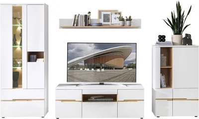 Produktbild von Wohnwand 4-teilig - Artisan Eiche Nachbildung - Weiß supermatt - mit LED-Beleuchtung