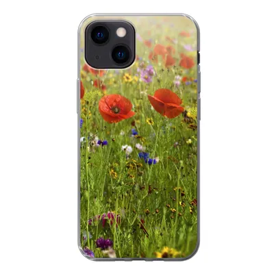 Produktbild von MuchoWow® Handyhülle Schutzhülle Hülle für iPhone 13 mini Frühling - Blumen - Rot - Mohn - Gras - Grün Silikon Softcase Handy Hülle - Softcase