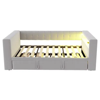 Produktbild von Flieks Schlafsofa 90x190cm/180x190cm mit Steckdose, Polsterbett Einzelbett mit Led & Ausziehbett, Tagesbett mit Regal, Flannelette, Hellgrau