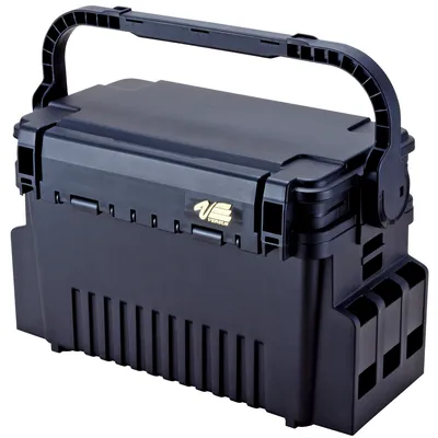 A black tackle box with a handle is shown against a white background.