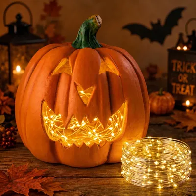 Produktbild von Halloween-Kürbis aus Ton 25 x 26 cm mit 5 M Lichterkette als Halloweendeko