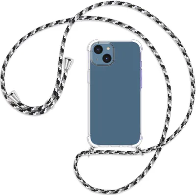 Produktbild von Handykette Backcover-Schutzhülle mit Band (Metall silberfarben) für Apple iPhone 14 (6.1'') - schwarz/grau/weiß