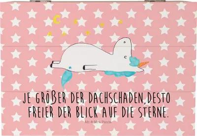 Produktbild von Mr. & Mrs. Panda Holzbox Einhorn Sternenhimmel 22 x 15 cm - Rot Pastell - Geschenk, aufbewahrungskiste mit deckel, Holztruhe, schmuckbox, Einhörner, Dachschaden, Box