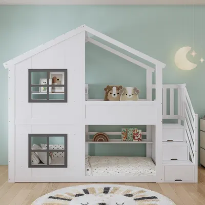 Obrázok produktu pre Poschodová posteľ 90x200 cm z borovice, MDF a preglejky, s úložným priestorom pod schodmi, strechou a oknami, biela a sivá, vhodná do detskej izby