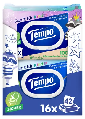 Produktbild von Tempo Toilettenpapier feucht für Kinder, Megapack, Designedition, 16 Packungen,