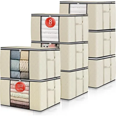 Image de Sacs de rangement de 90 litres, lot de 8, avec couvercle et poignées renforcées, couleur beige