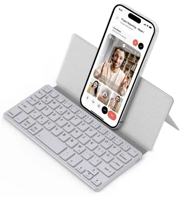 Produktbild von Mini Bluetooth Tastatur mit Ständer für Handy Ultraflache Tragbare Hellgrau