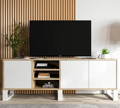Obrázek produktu pro TV skříňka Loft Industrialna Televizní stolek RTV skříňka Apollo 150cm x 53cm x 35cm - Moderní -Tři kovové rámy Barva: Dub Wotan - bílý mat
