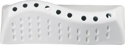 A white, curved plastic object with multiple circular holes along the top and rows of raised bumps on the side.