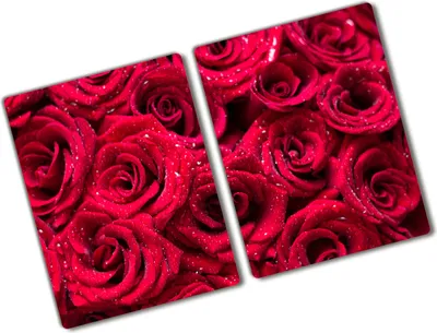 Produktbild von Tulup Glas Herdabdeckplatte - 2x40x52 cm - Glaskeramikkochfeld-Abdeckung Spritzschutz Glasabdeckplatte Kochplattenabdeckung und Schneidebrett - Zweiteilig - Blumen & Pflanzen - Tropfen auf Rosen - Rot