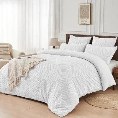 Productafbeelding van Bettlaken set 200x220 cm, wit, geometrisch design, getuft, microvezel, 3-delig