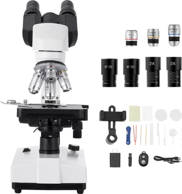 Produktbild von SucceBuy Binokularmikroskop für Erwachsene, Mikroskop-Set mit 40-5000-facher Vergrößerung, zweistufigem System, 2 Okularsätzen, Verbundmikroskop mit LED-Beleuchtung und Smartphone-Halterung