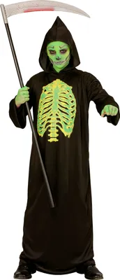 Immagine prodotto di Costume da mietitore "Mietitore tossico" per bambini con cappuccio nero verde Taglia: 140