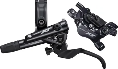 A black bicycle brake lever and caliper are shown against a white background.