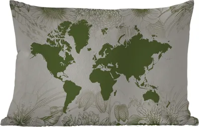 Produktbild von MuchoWow® Outdoor Kissen - Weltkarte - Blumen - Grün - 50x30 cm - Wetterfest - Lounge Kissen - Sofa kissen - Wohnzimmer Dekoration