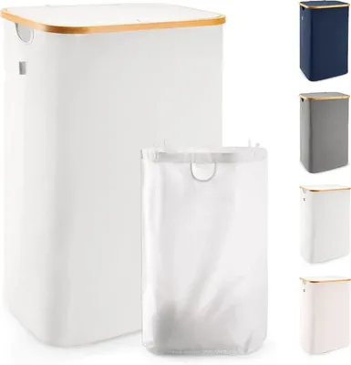 Immagine prodotto di Cesto portabiancheria grande con coperchio, capacità 100 litri, realizzato in bambù resistente