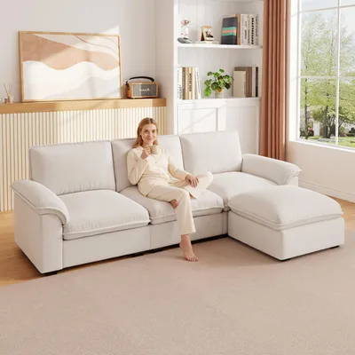 Productafbeelding van L-vormige hoekbank, 4-zits, met voetenbankje, chenille stof, armleuningkussens, geschikt voor de woonkamer (beige)