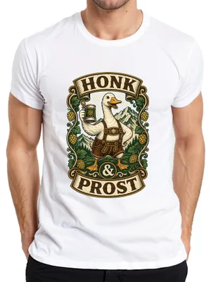 Zdjęcie produktu dla Koszulka męska "Honk & Prost Gans", motyw "Lederhose Bier Bayern Dirndl Wiesn", biała, rozmiar XXL