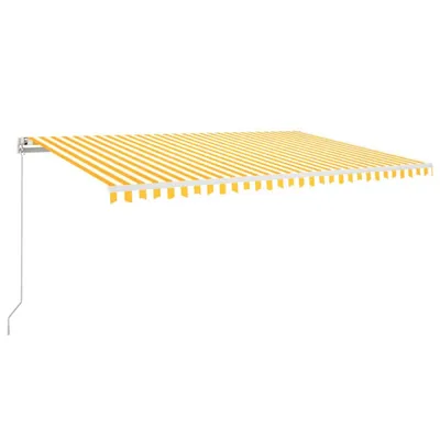 A retractable awning with yellow and white stripes, mounted on a white background.