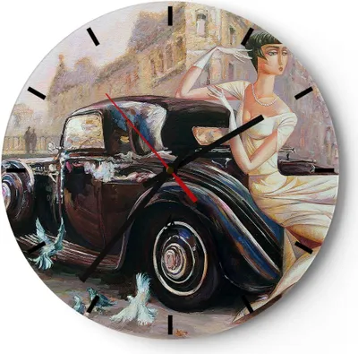 Produktbild von Wanduhr - Rund - Glasuhr - frau retro stil - 30x30cm - Schleichendes Uhrwerk - Lautlos - zum Aufhängen bereit - Dekoration Modern - Wanddekoration aus Glas - C3AR30x30-3467