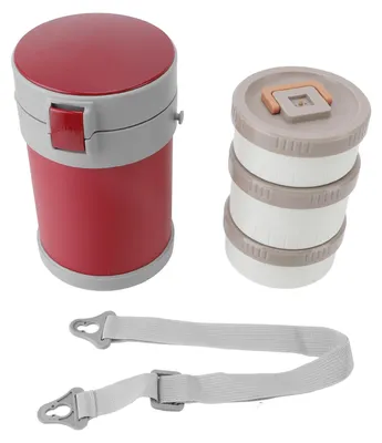 Image de Bocal alimentaire isotherme, 2 l, 3 étages, adapté au micro-ondes, boîte à lunch sous vide en acier inoxydable 304, avec bandoulière, pour l'école, le bureau, rouge