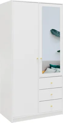 A white wardrobe with a mirrored door and three drawers.