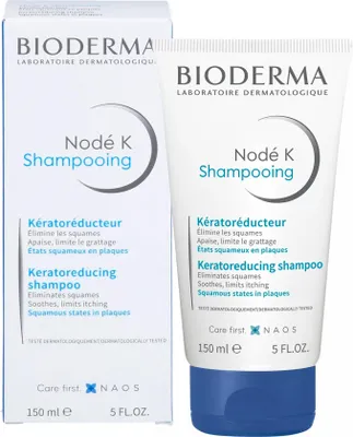 A product shot of Bioderma Nodé K Shampoo and its packaging.