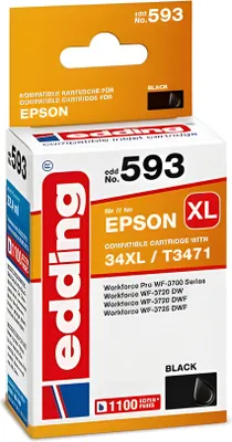 The image shows the packaging of an Edding EDD-593 black ink cartridge for Epson printers.