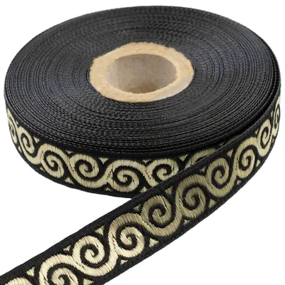 Jacquard-Band 9 m x 16 mm, schwarz-gold, Schneckenmuster