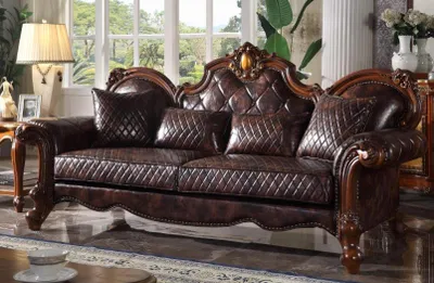 Zdjęcie produktu dla Rzeźbione barokowe meble do salonu sofa skórzana kanapa trzyosobowa tapicerka siedziska nowa