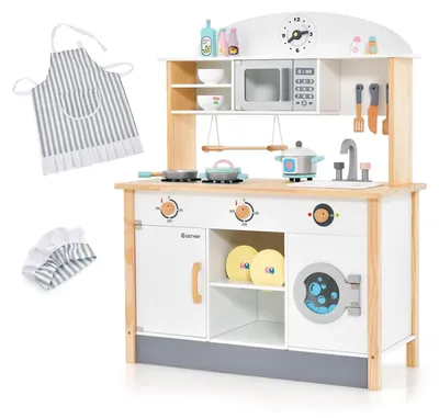 Produktbild von Kinderküche aus Holz Spielküche inkl 17 Zubehör Spielzeugküche mit Mikrowelle Waschmaschine Waschbecker Herde und Kochgeschirr Holzküche für Kinder