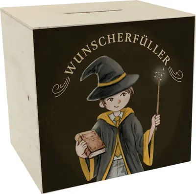 Produktbild von Wunscherfüller Spardose aus Holz mit Zauberschüler in gelb