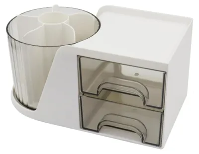 Produktbild von Schreibtisch-Organizer mit Schublade, multifunktionaler, um 360° drehbarer Stiftehalter für Büro, Schule, Stifte, Schulbedarf, Make-up und Kosmetik, weiß