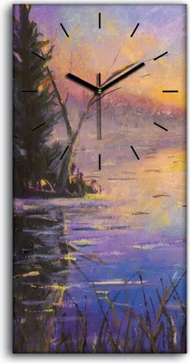 Produktbild von Wanduhr Uhr Wandbild Leinwand Geräuschlos 30x60 Malerei See Sonnenaufgang - schwarze Hände