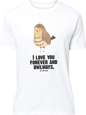 Produktbild von Mr. & Mrs. Panda T-Shirt Eule Zufrieden - Weiß - Geschenk, Hochzeitstag, Tshirt, Owl, große Größen, mit Spruch, Liebesspruch, Müde, Romantisch, Shirt, Oversize