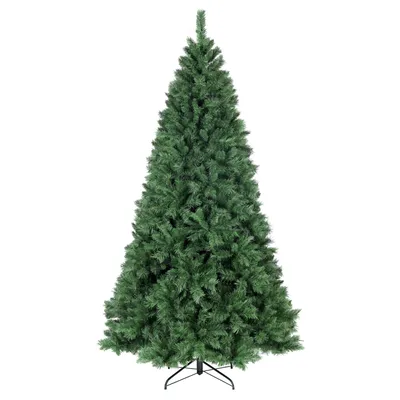 A full shot of an artificial Christmas tree on a white background.