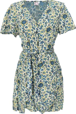 Produktbild von Minikleid Boho Chic, Damen Wickelkleid, Blockprint Sommerkleid - Blau, Viskose, Größe: L