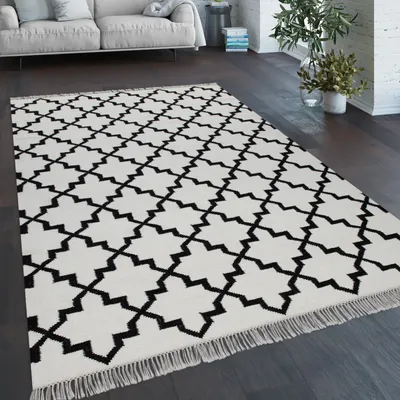 Immagine prodotto di Tappeto soggiorno Motivo marocchino Frange Tessuto a mano Cotone Bianco Nero Dimensioni 200x300 cm