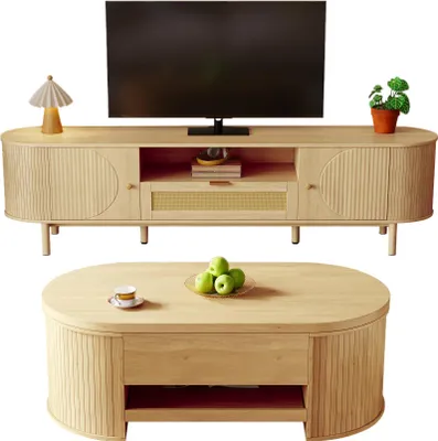 Produktbild von Wohnzimmer-Möbelset mit Couchtisch und TV-Ständer, Tisch mit Hebefunktion, modernes Design, viel Stauraum, Holzoptik, Naturfarbe