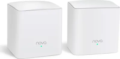 Two white Tenda Nova mesh Wi-Fi units are shown against a white background.