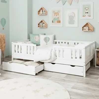 Produktbild von MEBLE WRÓBEL Kinderbett 80x190 cm - Jugendbett mit 2 Schubladen Lattenrost & Rausfallschutz - Einzelbett Kinder Bett aus Kiefer Massivholz Weiß - Kleinkindbett für Jungen & Mädchen - Standhöhe 20 cm