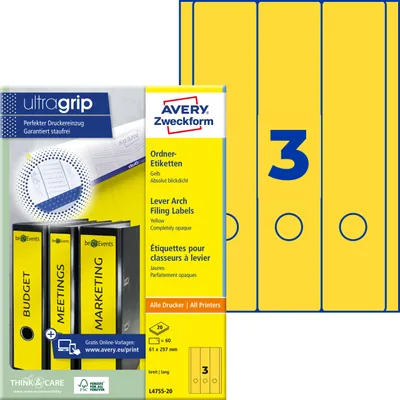 Produktbild von Avery Zweckform L4755-20, Ordner-Etiketten, A4, Qualitätsdruck mit: ultragrip, 61 x 297 mm, 60 Etiketten / 20 Bögen, gelb