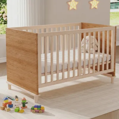 Produktbild von AIORBER Gitterbett Babybett Kinderbett mit 5-stufiger Höhenverstellung und stabilen Stützbeinen, Natur