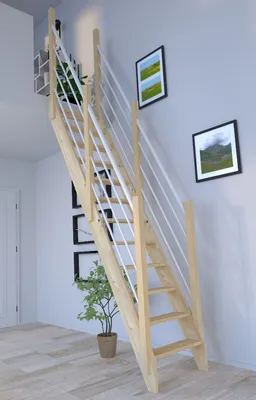 Produktbild von Raumspartreppe Fichte 3000 gerade-Holz-Edelstahl Geländer weiß-beidseitig