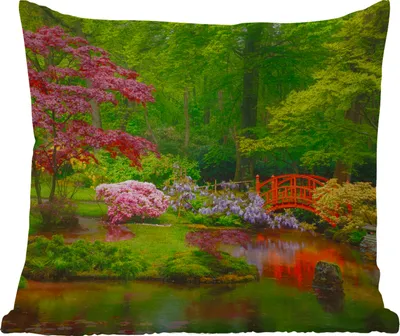 Produktbild von MuchoWow® Outdoor Kissen - Brücke - Japanisch - Botanisch - Bäume - Blumen - 45x45 cm - Wetterfest - Lounge Kissen - Fotokissen - Dekoratives Kissen
