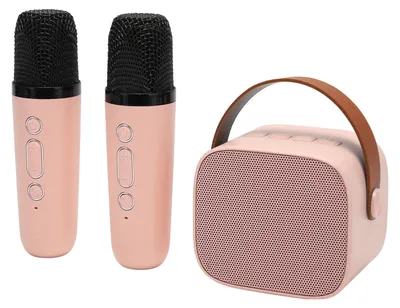 Zdjęcie produktu dla Wielofunkcyjne urządzenie karaoke z systemem stereo, przenośny głośnik Bluetooth z 2 bezprzewodowymi mikrofonami, idealne na imprezy domowe i do karaoke, kolor różowy