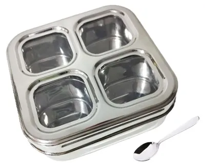 Gewürzbox Edelstahl, 4 Behälter + Löffel, transparent, silber