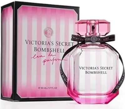 A Victoria's Secret Bombshell perfume bottle and its box are displayed.