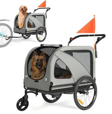 Produktbild von Zimilo 2-in-1 Hundefahrradanhänger & Hundebuggy bis 50 kg, Gefederter Hundeanhänger mit 360° Vorderrad & Reflektoren, Grau