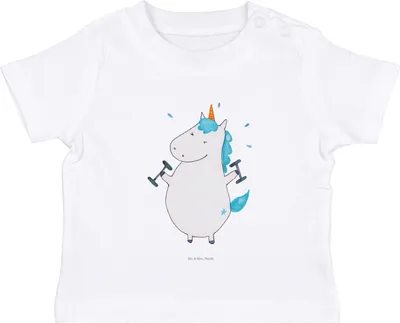 Produktbild von Mr. & Mrs. Panda Babyshirt Einhorn Fitness 12. - 18. Monat - Weiß - Geschenk, Einhörner, Sport, Baby T-Shirt, Oberteil, Sixpack, Unicorn, , Baumwollshirt, Abnehmen